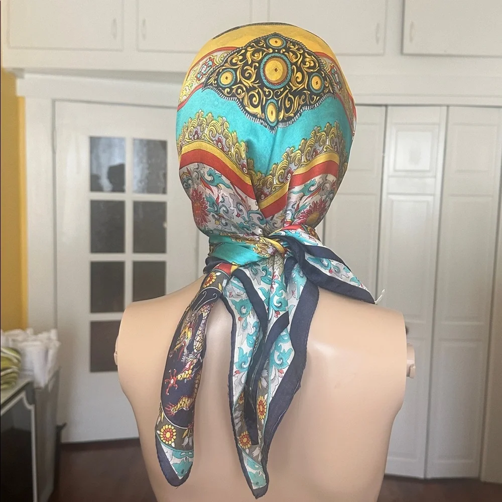 Vintage silk scarf with Chinese dragon and floral print